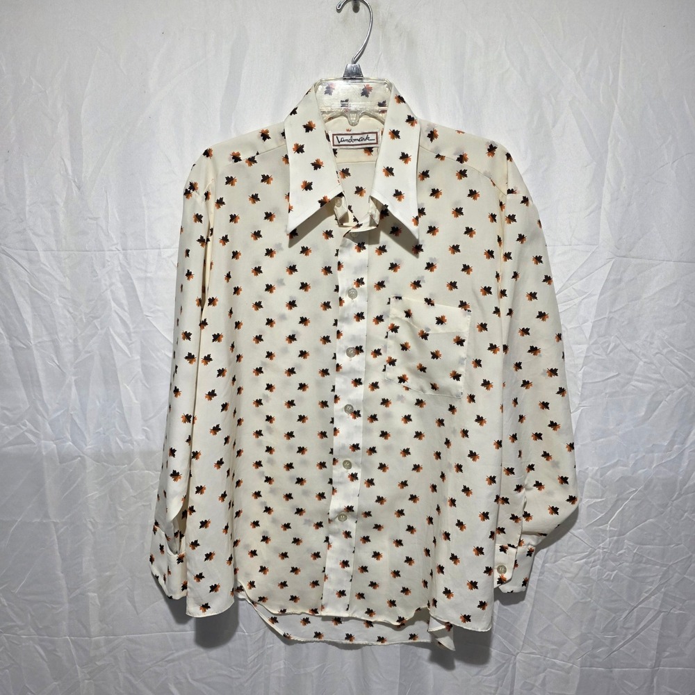 Vintage Landmark 70s Leaf Print Button Down Shirt Cream Orange Brown XL